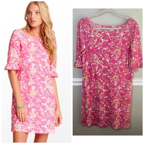 Lilly Pulitzer Somerset Resort Chum Bucket‎ Dress S Pink Fish Flowers Beachy - Picture 1 of 10